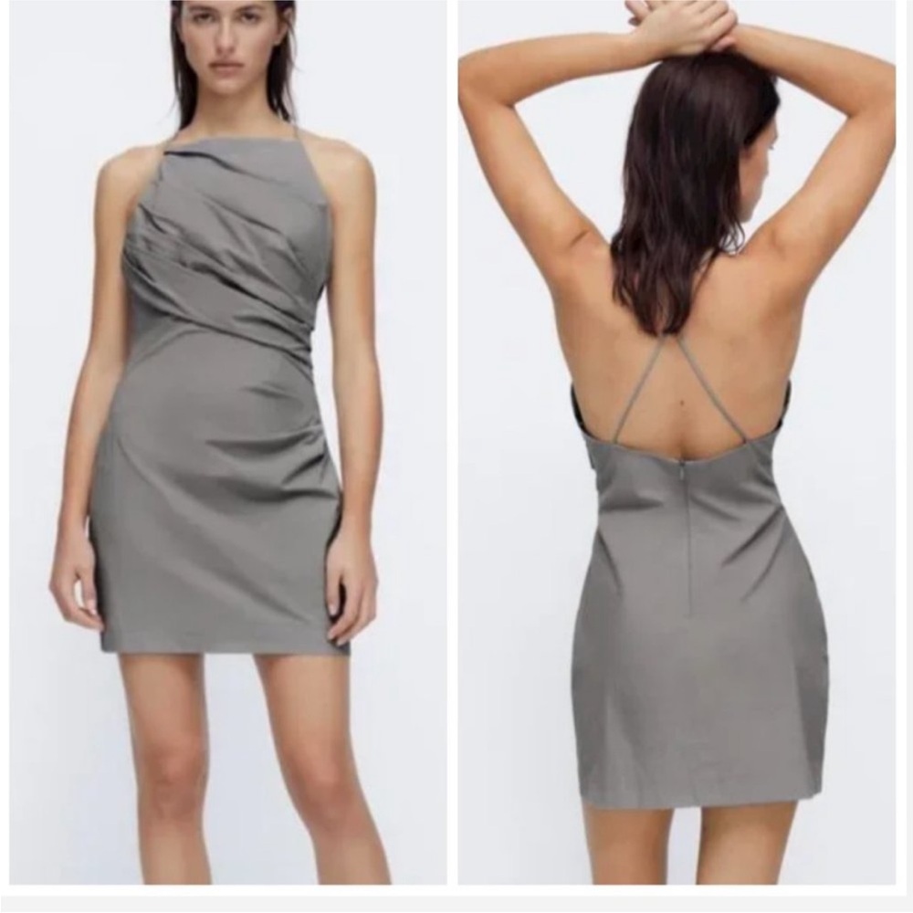 Zara Women’s Ruched Fitted Strappy Back Backless Gray Mini Dress Size XL